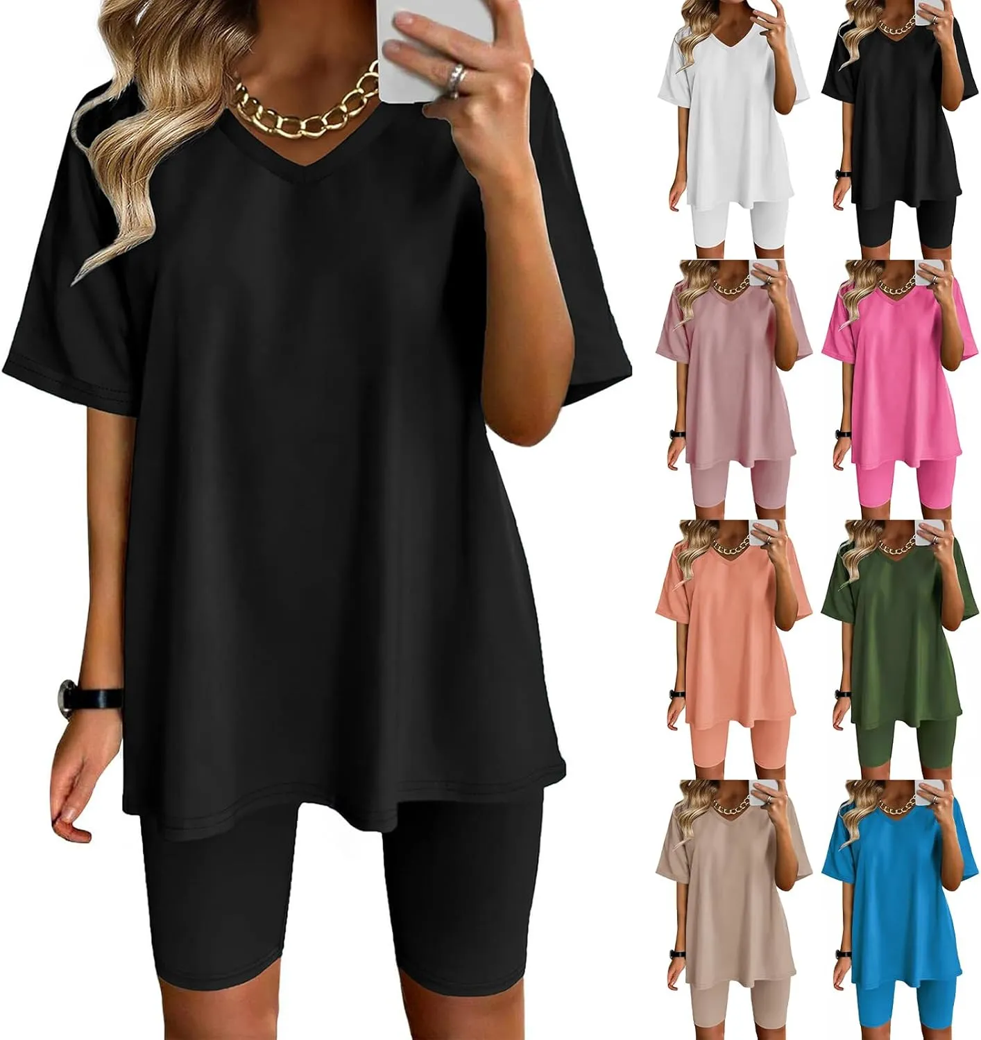2 Piece Outfits for Women Oversized V Neck T-Shirt Tops and Biker Shorts Sports Workout Tracksuit Casual Lounge Sets