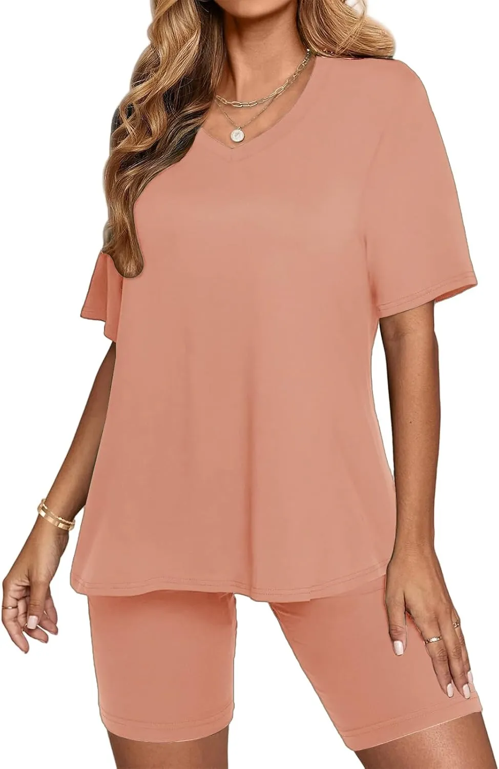 2 Piece Outfits for Women Oversized V Neck T-Shirt Tops and Biker Shorts Sports Workout Tracksuit Casual Lounge Sets