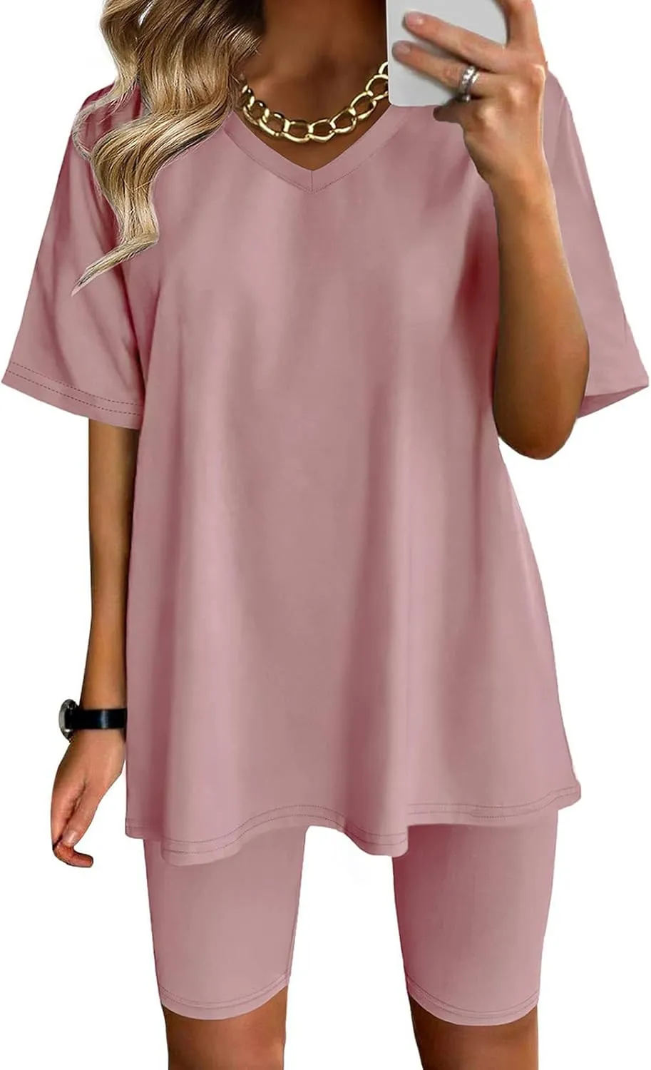 2 Piece Outfits for Women Oversized V Neck T-Shirt Tops and Biker Shorts Sports Workout Tracksuit Casual Lounge Sets