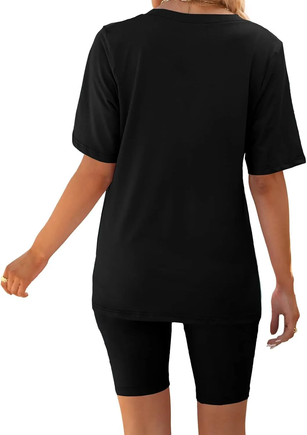 2 Piece Outfits for Women Oversized V Neck T-Shirt Tops and Biker Shorts Sports Workout Tracksuit Casual Lounge Sets