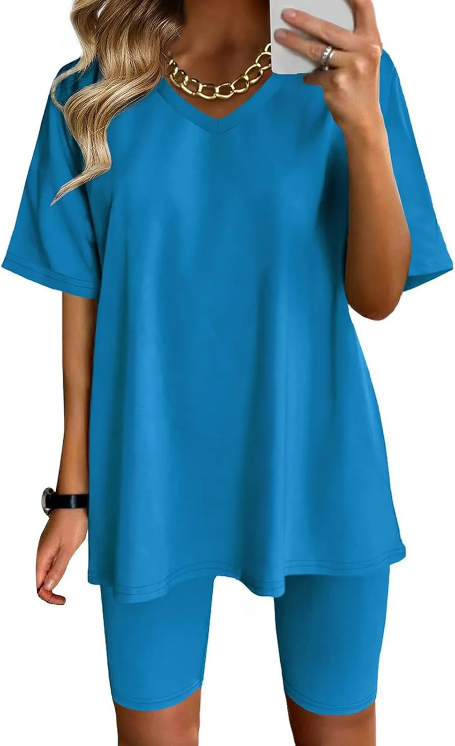 2 Piece Outfits for Women Oversized V Neck T-Shirt Tops and Biker Shorts Sports Workout Tracksuit Casual Lounge Sets