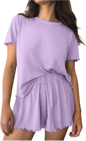 2 Piece Pajamas For Women Set Cozy Ribbed Knit Sleepwear Shorts Set Soft Ruffle Short Sleeve Crewneck Lounge Outfits