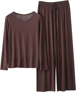 2 Piece Pajamas Set for Women Crew Neck Long Sleeve Shirts with Wide Leg Pants Sets Solid Baggy Loungewear Outfits