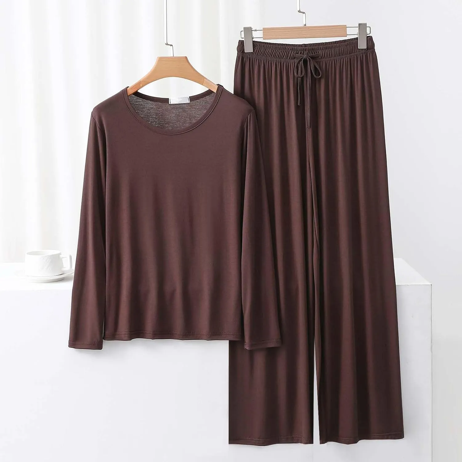 2 Piece Pajamas Set for Women Crew Neck Long Sleeve Shirts with Wide Leg Pants Sets Solid Baggy Loungewear Outfits