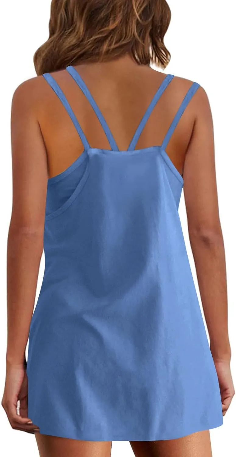 2 Piece Set Dress For Women Summer Sleeveless Spaghetti Strap Mini Dress And Shorts Casual Workout Athletic Outfit Set