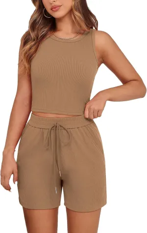 2 Piece Set for Women Loungewear Outfit Sleeveless Crop Tops Drawstring Shorts Set Fashion Casual Outfit 2025