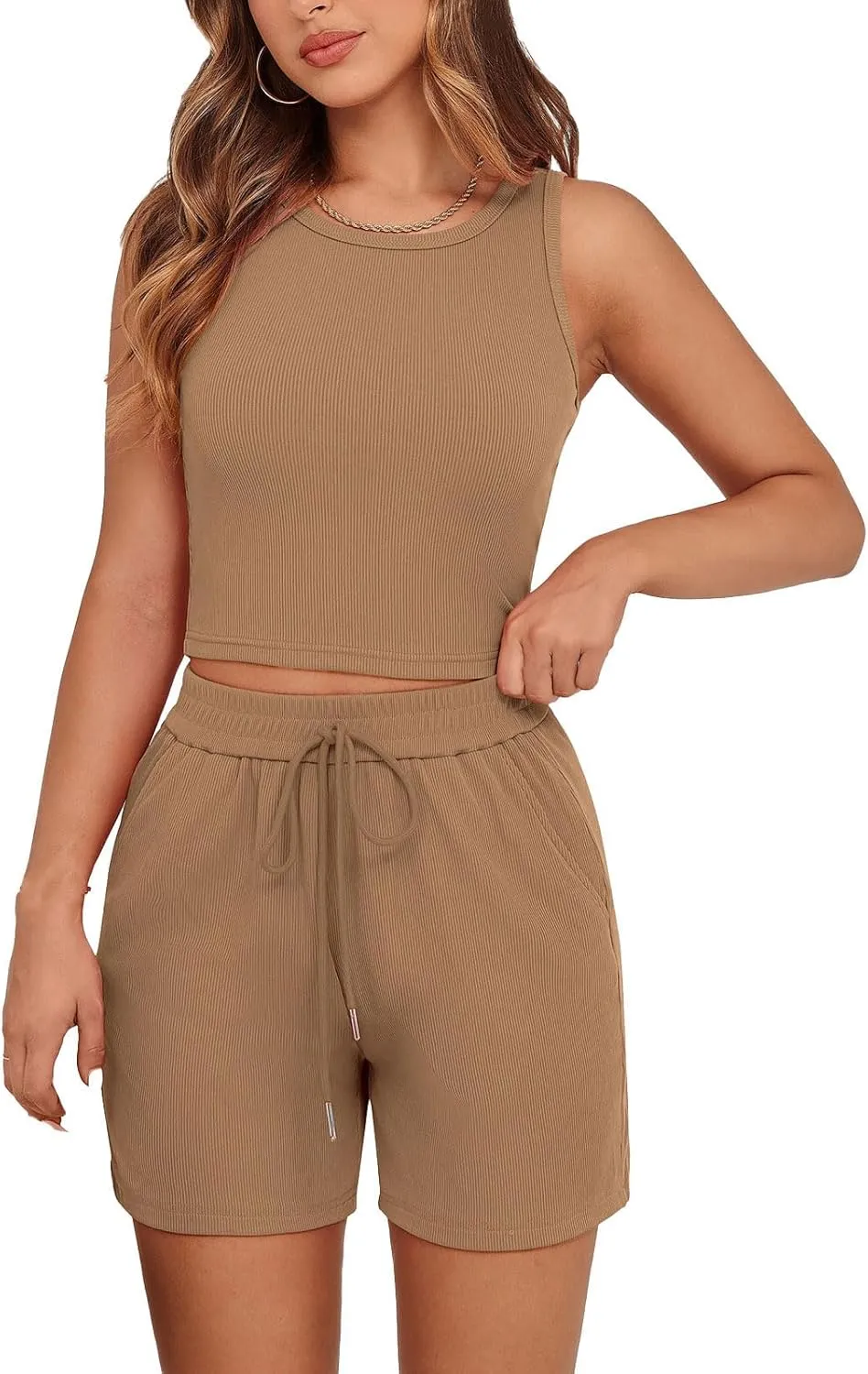 2 Piece Set for Women Loungewear Outfit Sleeveless Crop Tops Drawstring Shorts Set Fashion Casual Outfit 2025