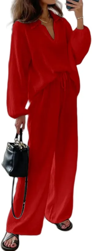 2 Piece Set for Women Plus Size Outifts Collared V Neck Long Sleeve Tops Wide Leg Pants Set Fashion Outifts 2025