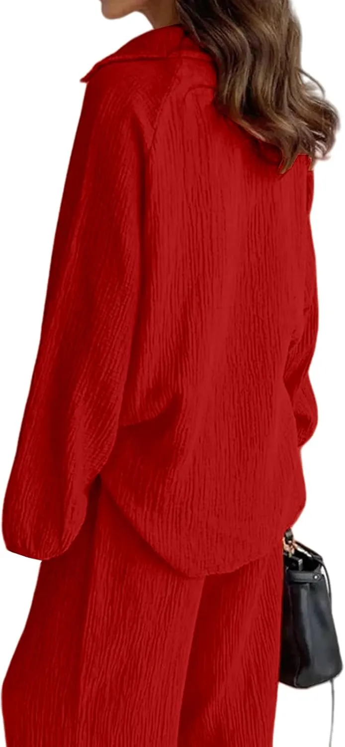 2 Piece Set for Women Plus Size Outifts Collared V Neck Long Sleeve Tops Wide Leg Pants Set Fashion Outifts 2025