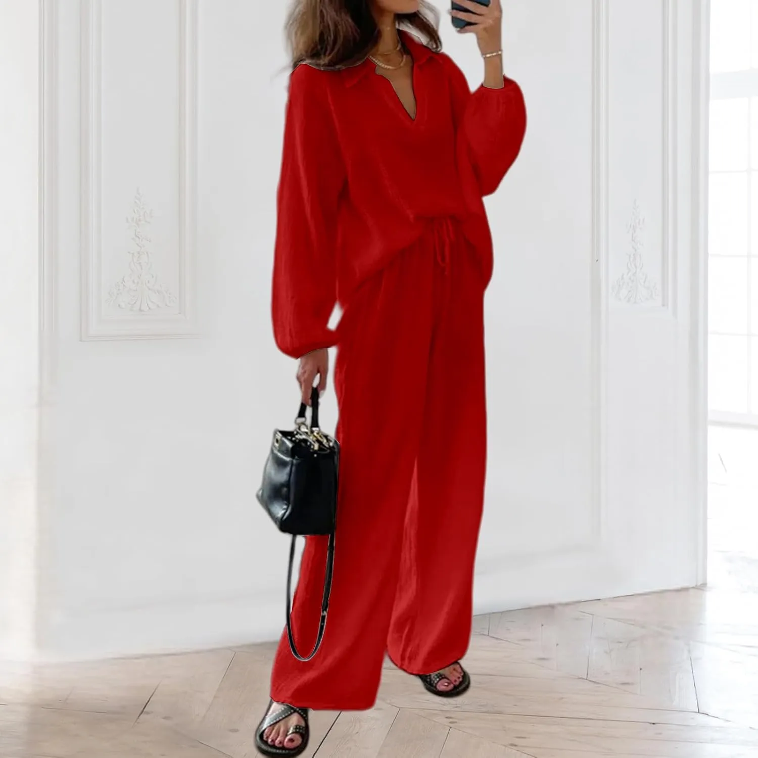 2 Piece Set for Women Plus Size Outifts Collared V Neck Long Sleeve Tops Wide Leg Pants Set Fashion Outifts 2025