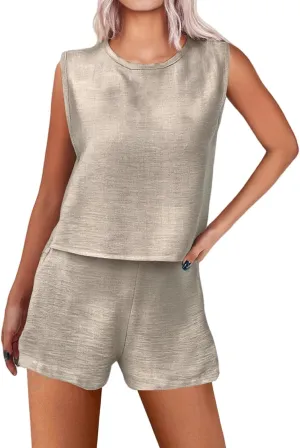 2 Piece Set Summer Outfit Sleeveless Tank Tops Shorts Solid Color Lounge Set Casual Lightweight Clothing 2025
