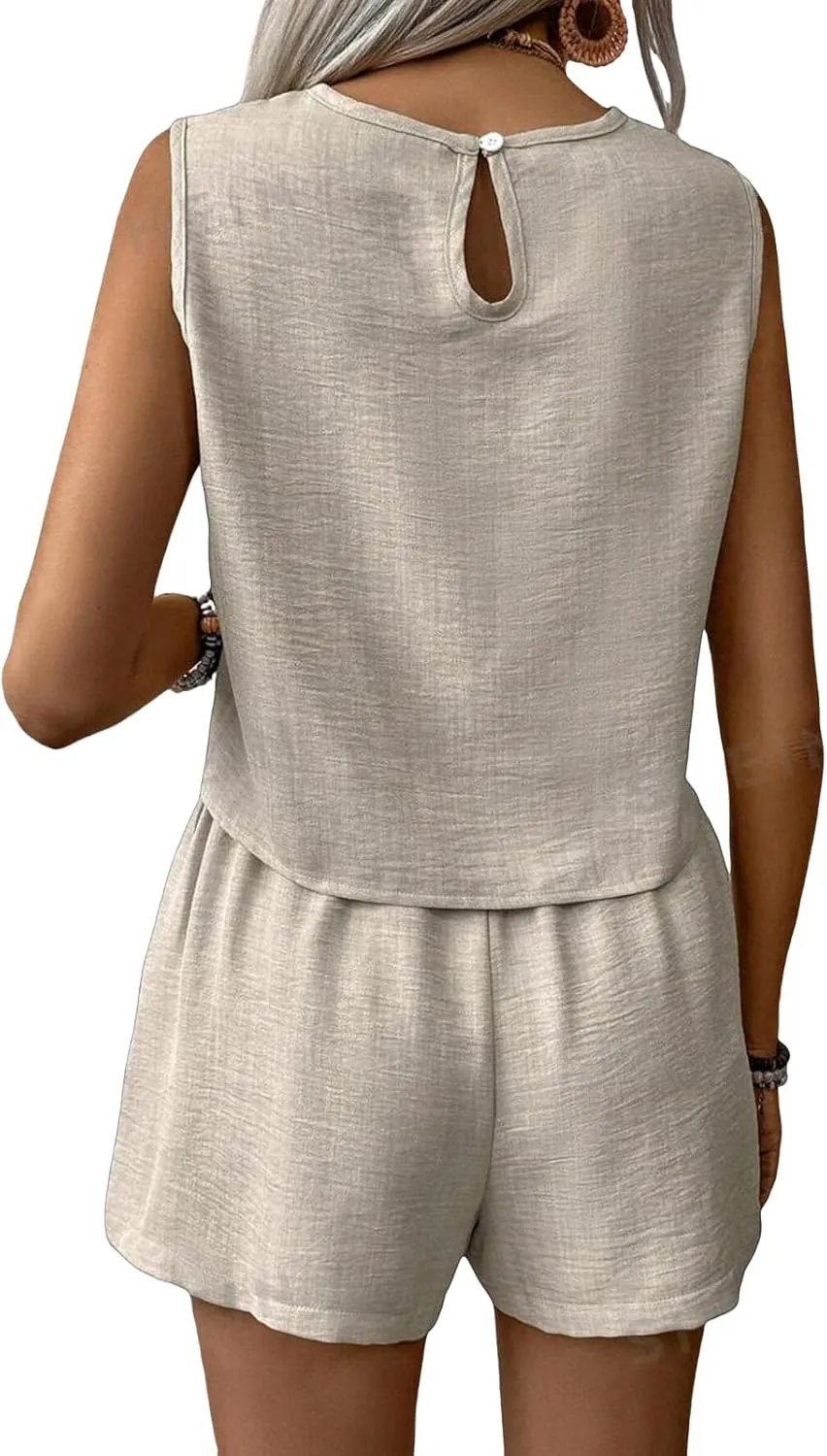 2 Piece Set Summer Outfit Sleeveless Tank Tops Shorts Solid Color Lounge Set Casual Lightweight Clothing 2025