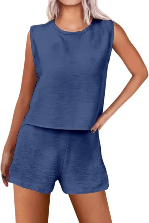 2 Piece Set Summer Outfit Sleeveless Tank Tops Shorts Solid Color Lounge Set Casual Lightweight Clothing 2025