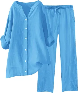 2 Piece Sets for Women 2025 Sleeve Shirt Tops Pockets Pants Shirt Trousers Set Casual Sweatsuits Short Sleeve Tracksuit