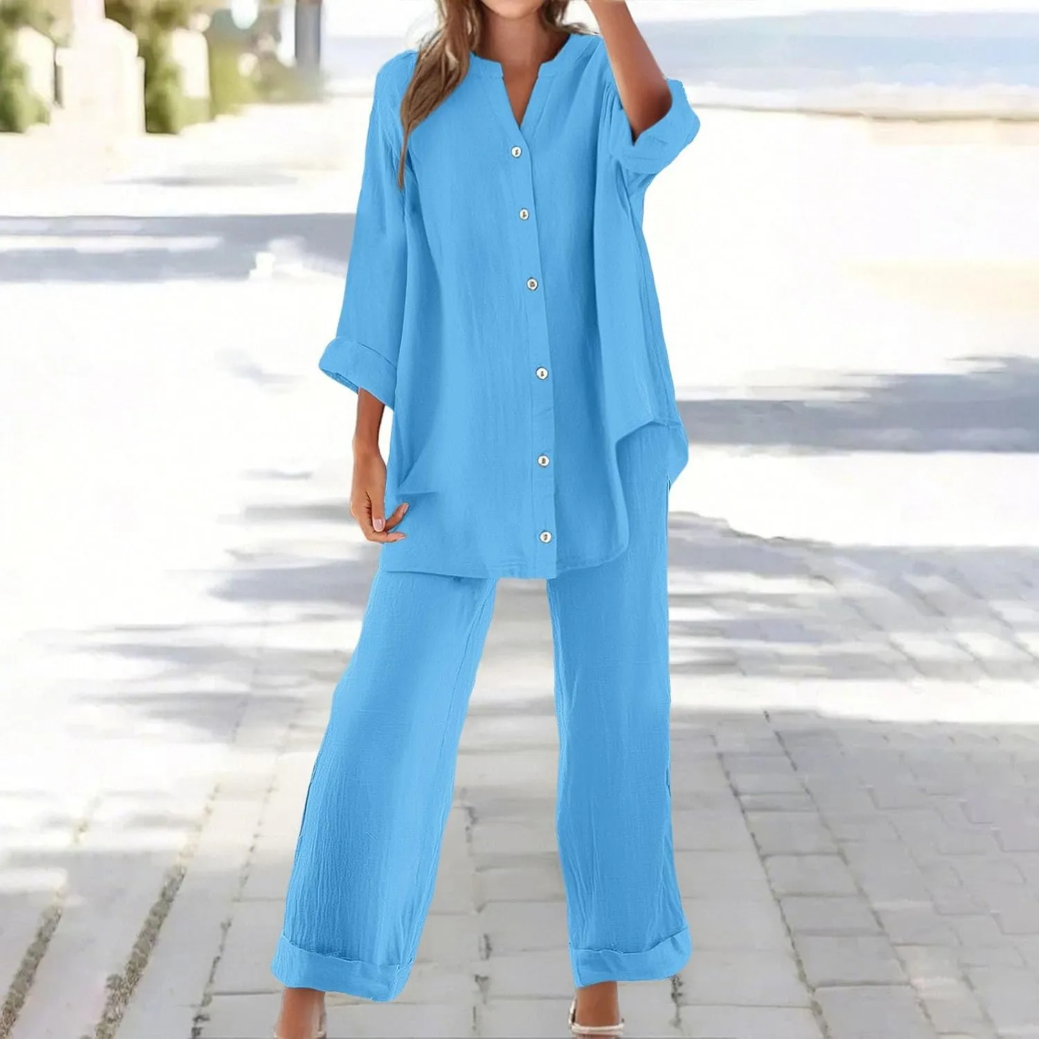2 Piece Sets for Women 2025 Sleeve Shirt Tops Pockets Pants Shirt Trousers Set Casual Sweatsuits Short Sleeve Tracksuit