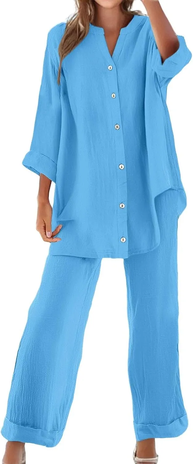 2 Piece Sets for Women 2025 Sleeve Shirt Tops Pockets Pants Shirt Trousers Set Casual Sweatsuits Short Sleeve Tracksuit