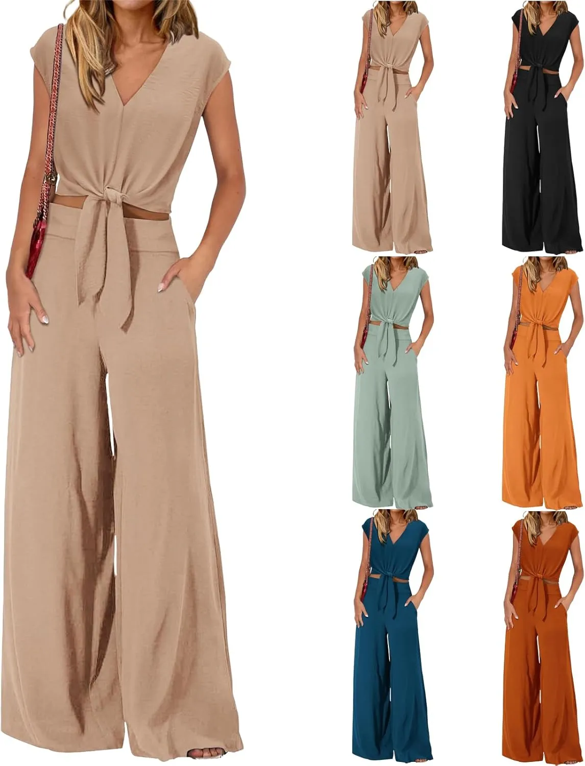 2 Piece Sets for Women Cap Sleeve V Neck Belted Crop Tops Wide Leg Pant Sets Summer Beach Sleeveless 2 Piece Outfits