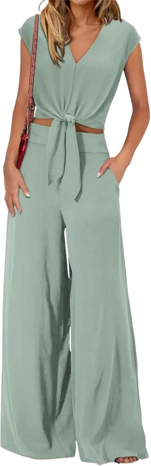 2 Piece Sets for Women Cap Sleeve V Neck Belted Crop Tops Wide Leg Pant Sets Summer Beach Sleeveless 2 Piece Outfits