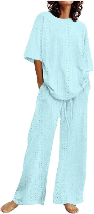 2 Piece Sets for Women Eyelet Embroidery Casual Summer Loungewear Short Sleeve Tops and Wide Leg Pant Sweatsuit 2025
