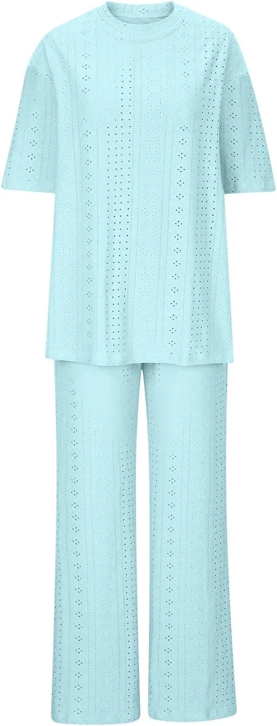 2 Piece Sets for Women Eyelet Embroidery Casual Summer Loungewear Short Sleeve Tops and Wide Leg Pant Sweatsuit 2025