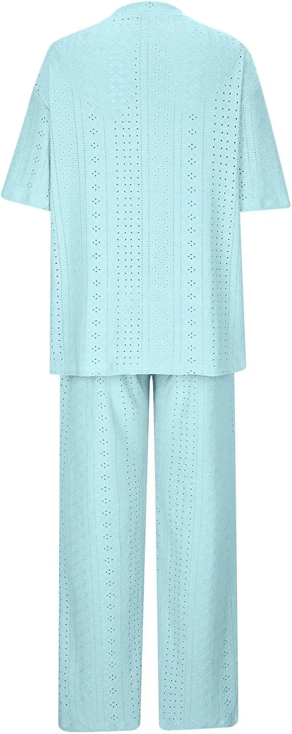 2 Piece Sets for Women Eyelet Embroidery Casual Summer Loungewear Short Sleeve Tops and Wide Leg Pant Sweatsuit 2025