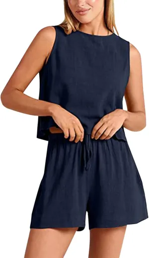 2 Piece Sets for Women Matching Lounge Sets Casual Sleeveless Pullover Tops Matching Shorts Loungewear Tracksuit Set
