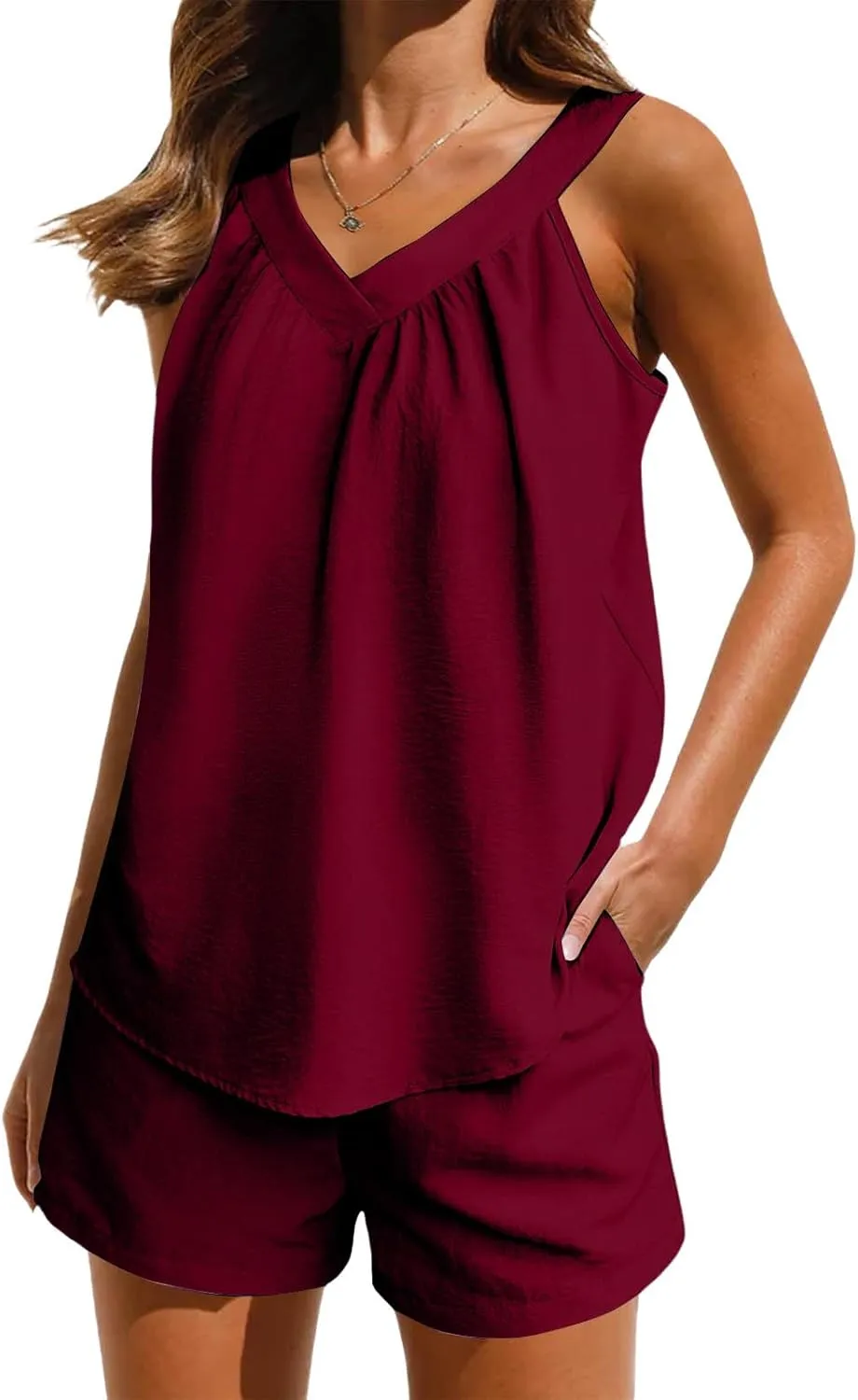 2 Piece Sets for Women Summer Gauze Pajamas V Neck Pleated Front Sleeveless Tank Tops Shorts with Pockets