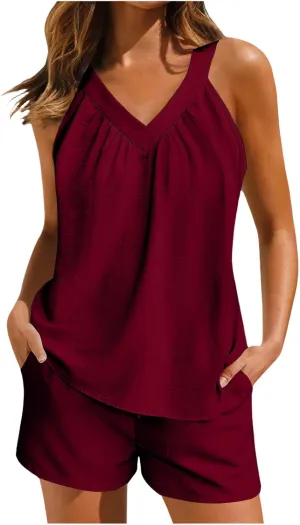 2 Piece Sets for Women Summer Gauze Pajamas V Neck Pleated Front Sleeveless Tank Tops Shorts with Pockets