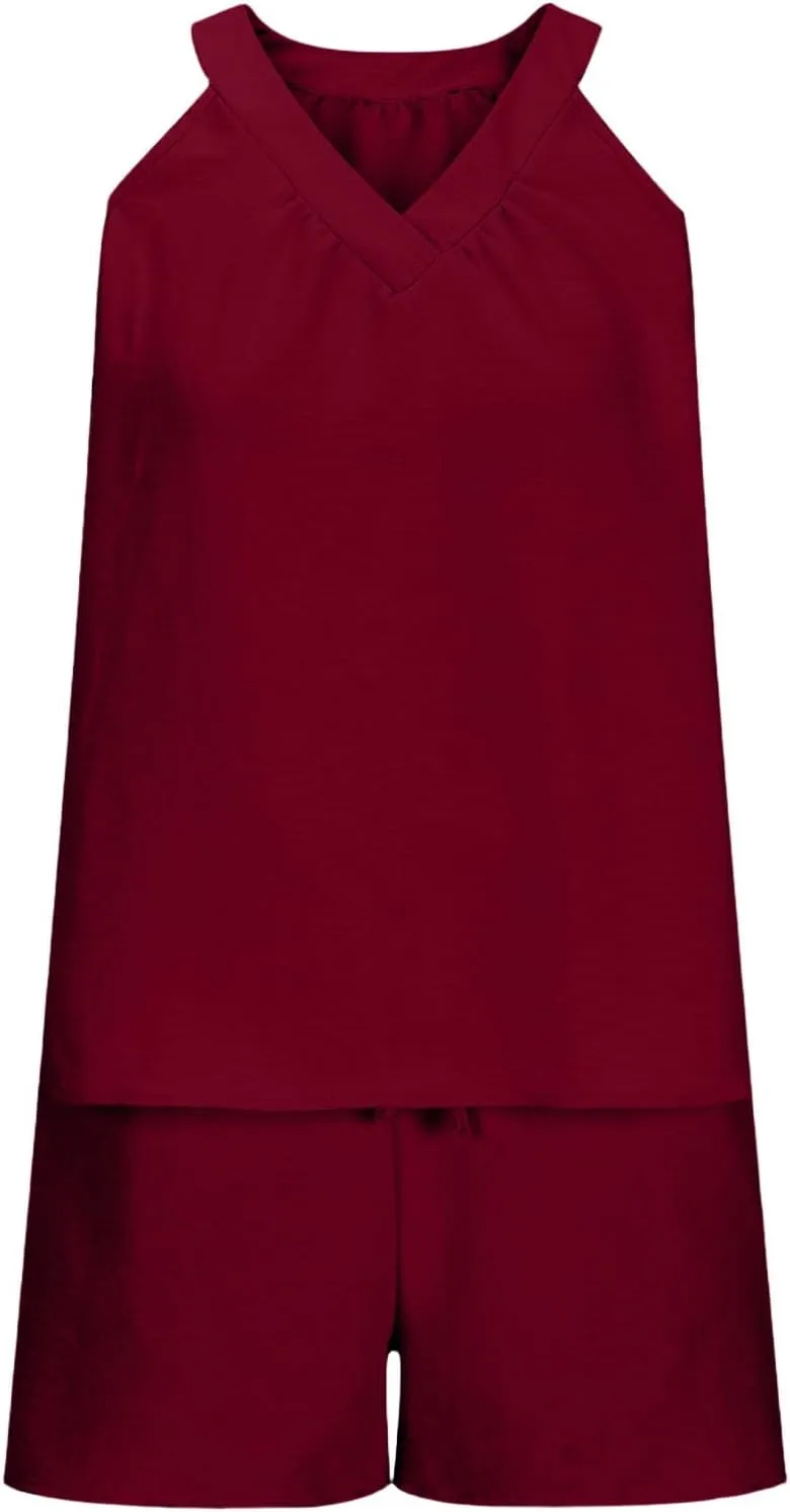 2 Piece Sets for Women Summer Gauze Pajamas V Neck Pleated Front Sleeveless Tank Tops Shorts with Pockets
