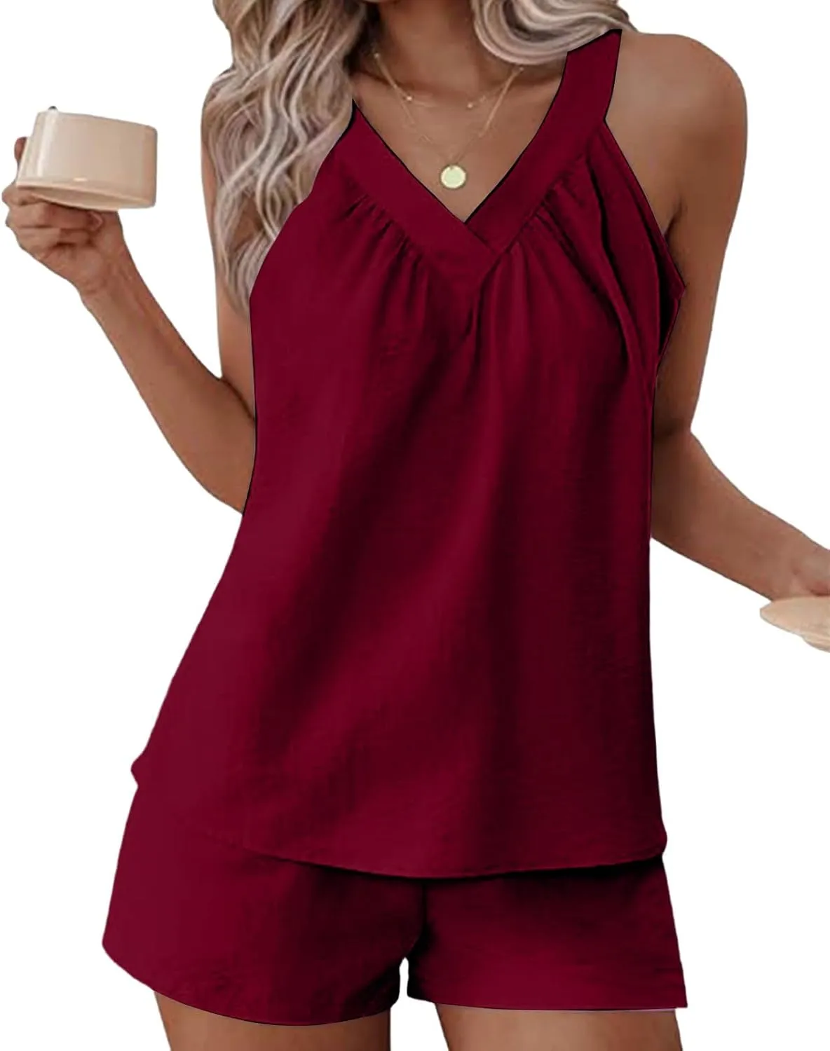 2 Piece Sets for Women Summer Gauze Pajamas V Neck Pleated Front Sleeveless Tank Tops Shorts with Pockets