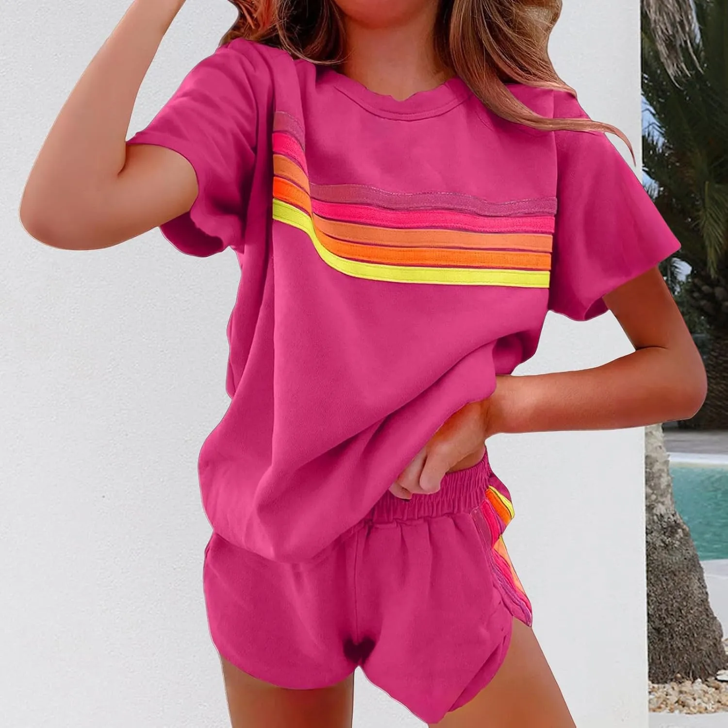 2 Piece Sets for Women Summer Rainbow Striped Lounge Sets Casual Short Sleeve Tops Matching Runner Shorts Outfits