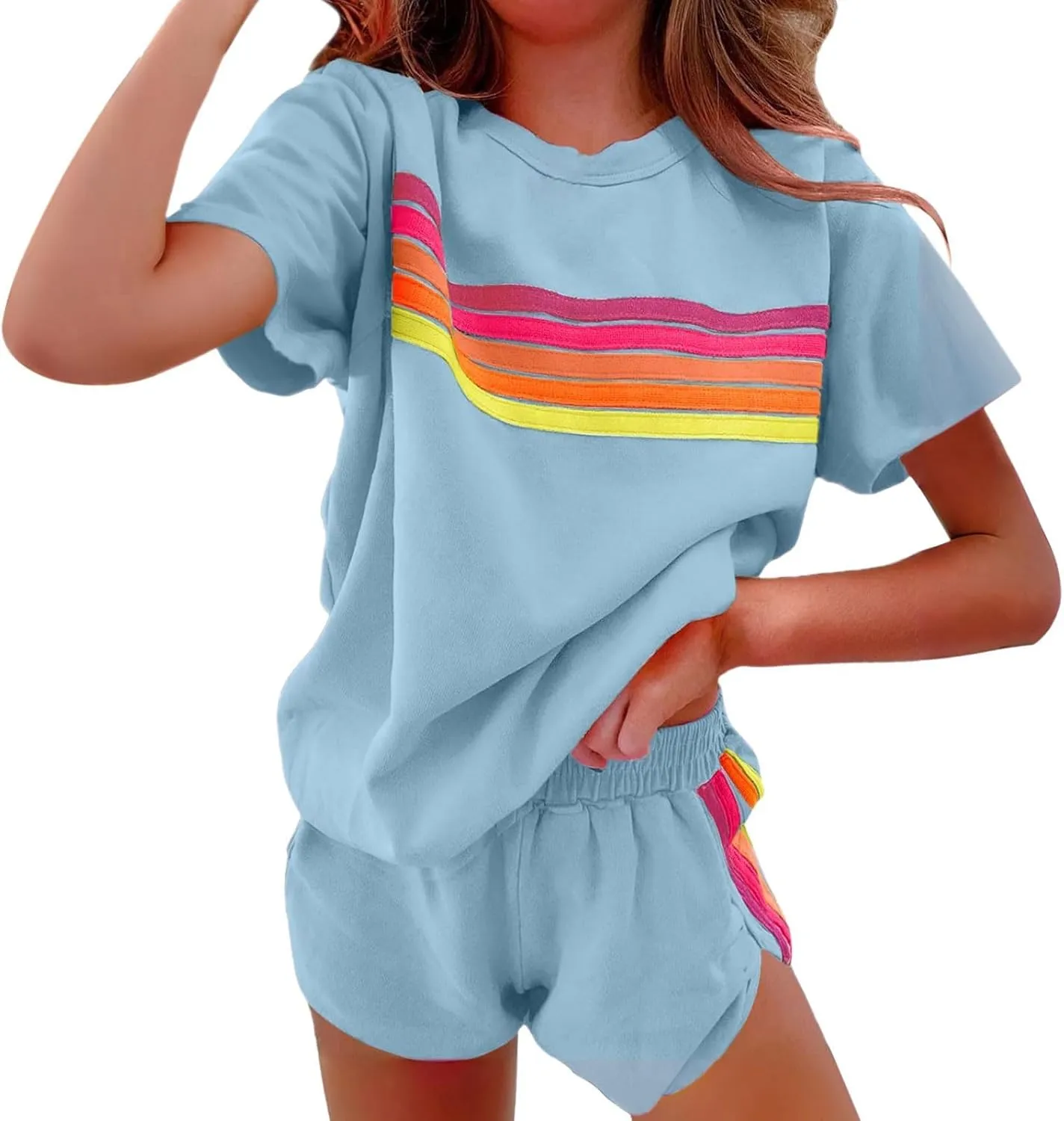 2 Piece Sets for Women Summer Rainbow Striped Lounge Sets Casual Short Sleeve Tops Matching Runner Shorts Outfits
