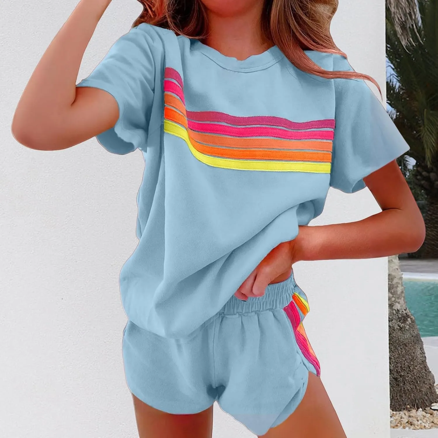 2 Piece Sets for Women Summer Rainbow Striped Lounge Sets Casual Short Sleeve Tops Matching Runner Shorts Outfits