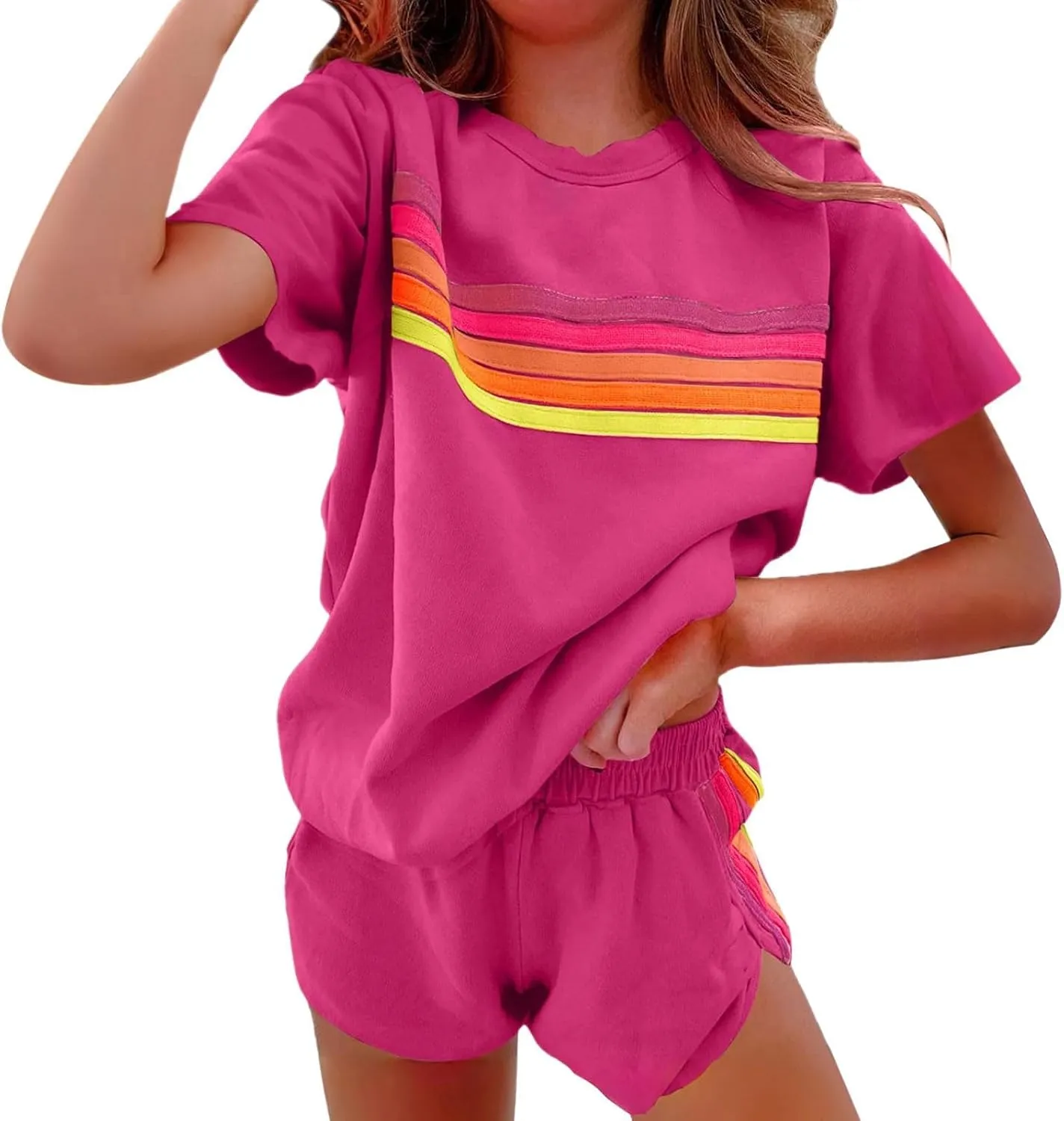 2 Piece Sets for Women Summer Rainbow Striped Lounge Sets Casual Short Sleeve Tops Matching Runner Shorts Outfits