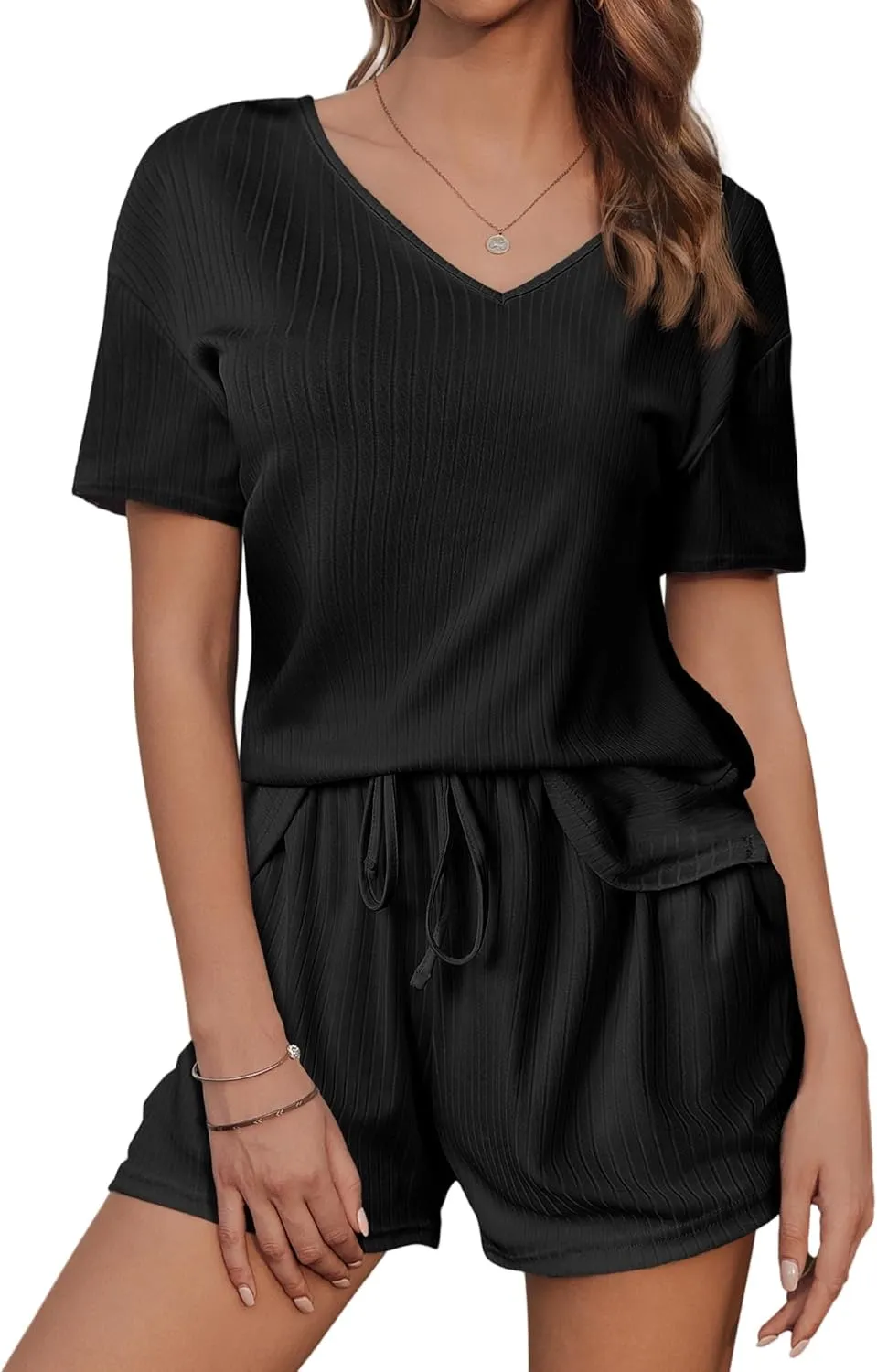 2 Piece Sets for Women Summer Ribbed Knit V Neck Short Sleeve Top Drawstring Shorts Outfits Comfy Loose Tracksuits