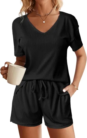 2 Piece Sets for Women Summer Ribbed Knit V Neck Short Sleeve Top Drawstring Shorts Outfits Comfy Loose Tracksuits
