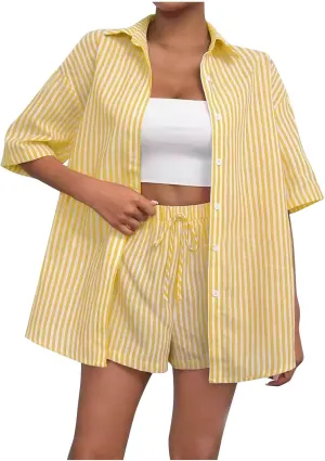 2 Piece Sets for Women Summer Short Sleeve Button Down Shirts Elastic Waist Shorts Trendy Striped Beach Outfits