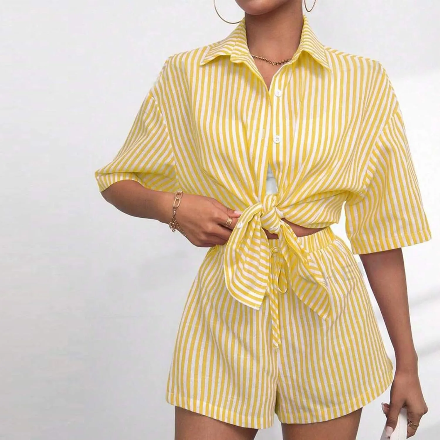 2 Piece Sets for Women Summer Short Sleeve Button Down Shirts Elastic Waist Shorts Trendy Striped Beach Outfits
