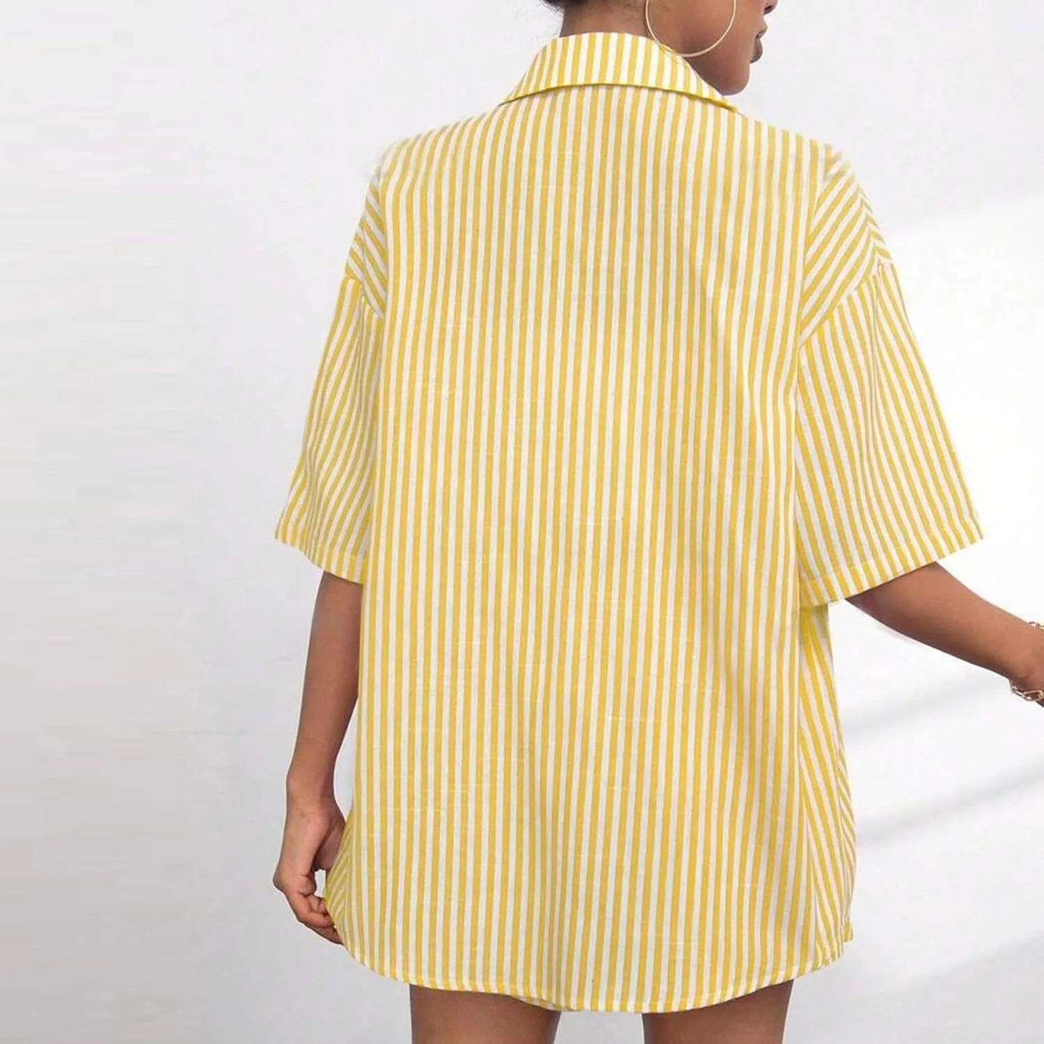 2 Piece Sets for Women Summer Short Sleeve Button Down Shirts Elastic Waist Shorts Trendy Striped Beach Outfits
