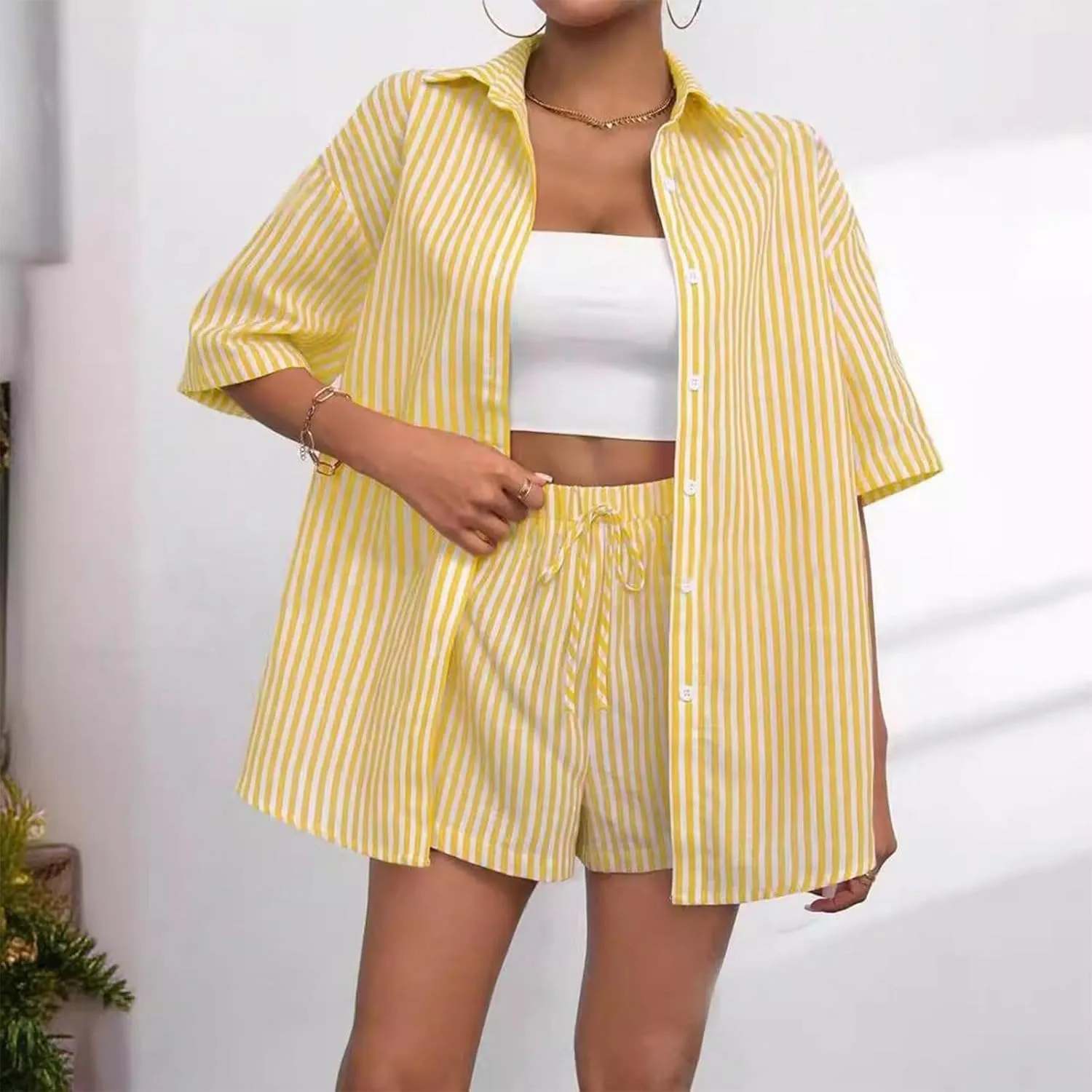 2 Piece Sets for Women Summer Short Sleeve Button Down Shirts Elastic Waist Shorts Trendy Striped Beach Outfits