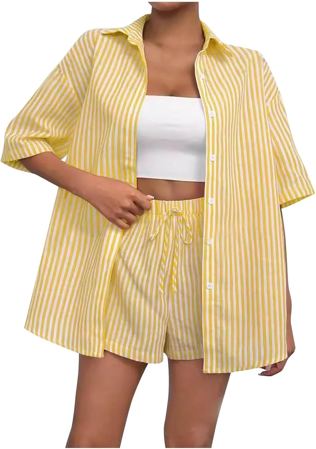 2 Piece Sets for Women Summer Short Sleeve Button Down Shirts Elastic Waist Shorts Trendy Striped Beach Outfits