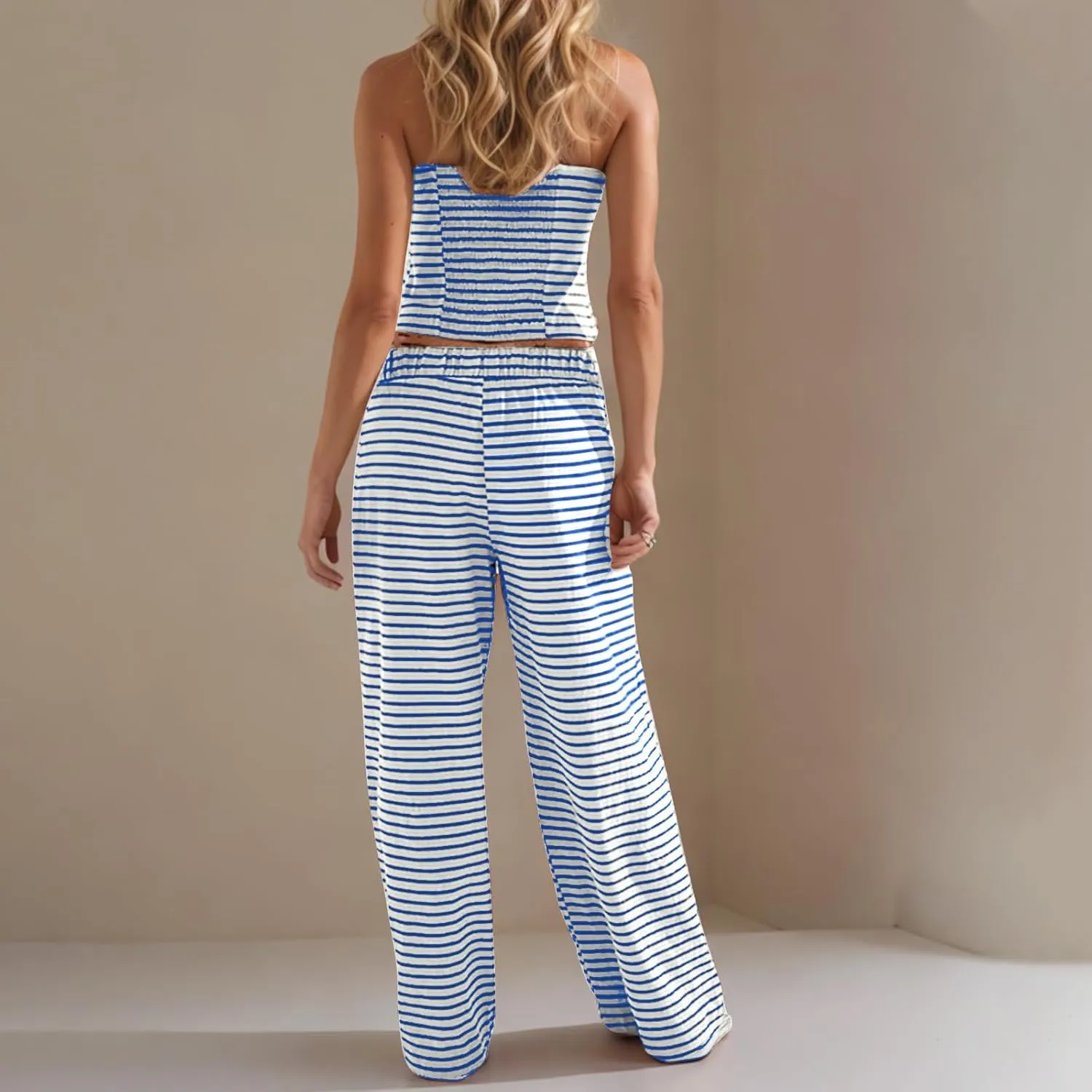 2 Piece Sets for Women Summer Striped Crop Tube Top Wide Leg Pants Trendy Matching Lounge Set Going Out Outfits