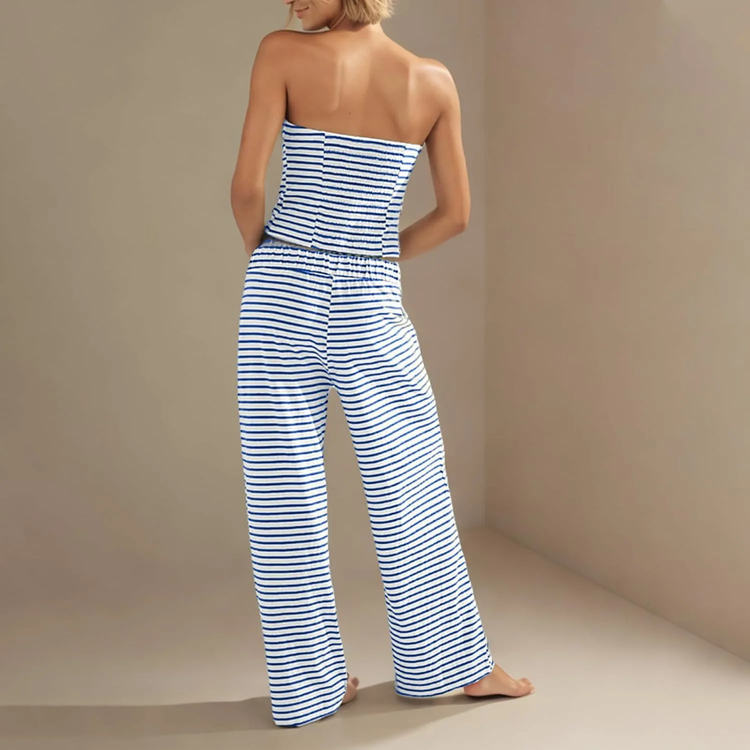 2 Piece Sets for Women Summer Striped Crop Tube Top Wide Leg Pants Trendy Matching Lounge Set Going Out Outfits