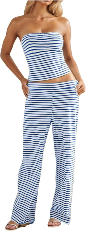 2 Piece Sets for Women Summer Striped Crop Tube Top Wide Leg Pants Trendy Matching Lounge Set Going Out Outfits