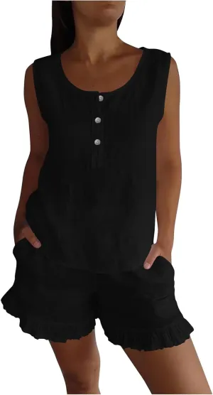 2 Piece Summer Outfits for Women Casual Cotton Linen Sets Sleeveless Henley Tank Top Ruffle Trim Shorts with Pockets