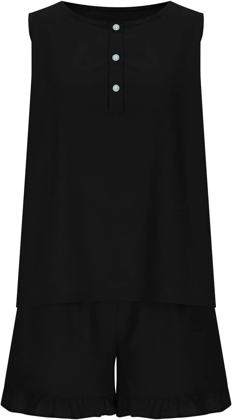2 Piece Summer Outfits for Women Casual Cotton Linen Sets Sleeveless Henley Tank Top Ruffle Trim Shorts with Pockets