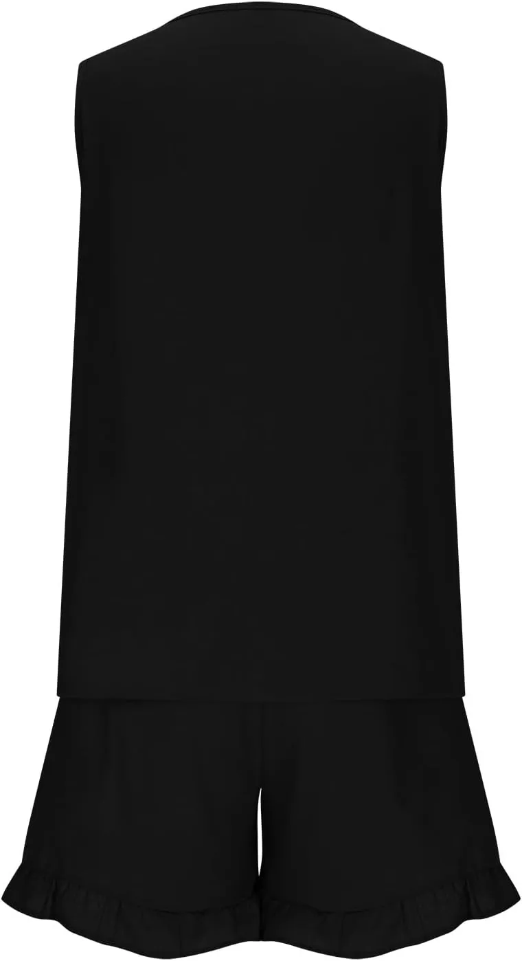 2 Piece Summer Outfits for Women Casual Cotton Linen Sets Sleeveless Henley Tank Top Ruffle Trim Shorts with Pockets