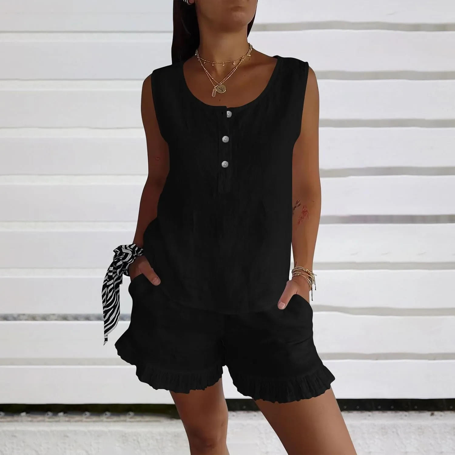 2 Piece Summer Outfits for Women Casual Cotton Linen Sets Sleeveless Henley Tank Top Ruffle Trim Shorts with Pockets