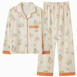 2 Piece Women's Cute Cotton Pajamas Set, Long Sleeve Button Down Casual Loungewear Pjs Built in Bra and Pants