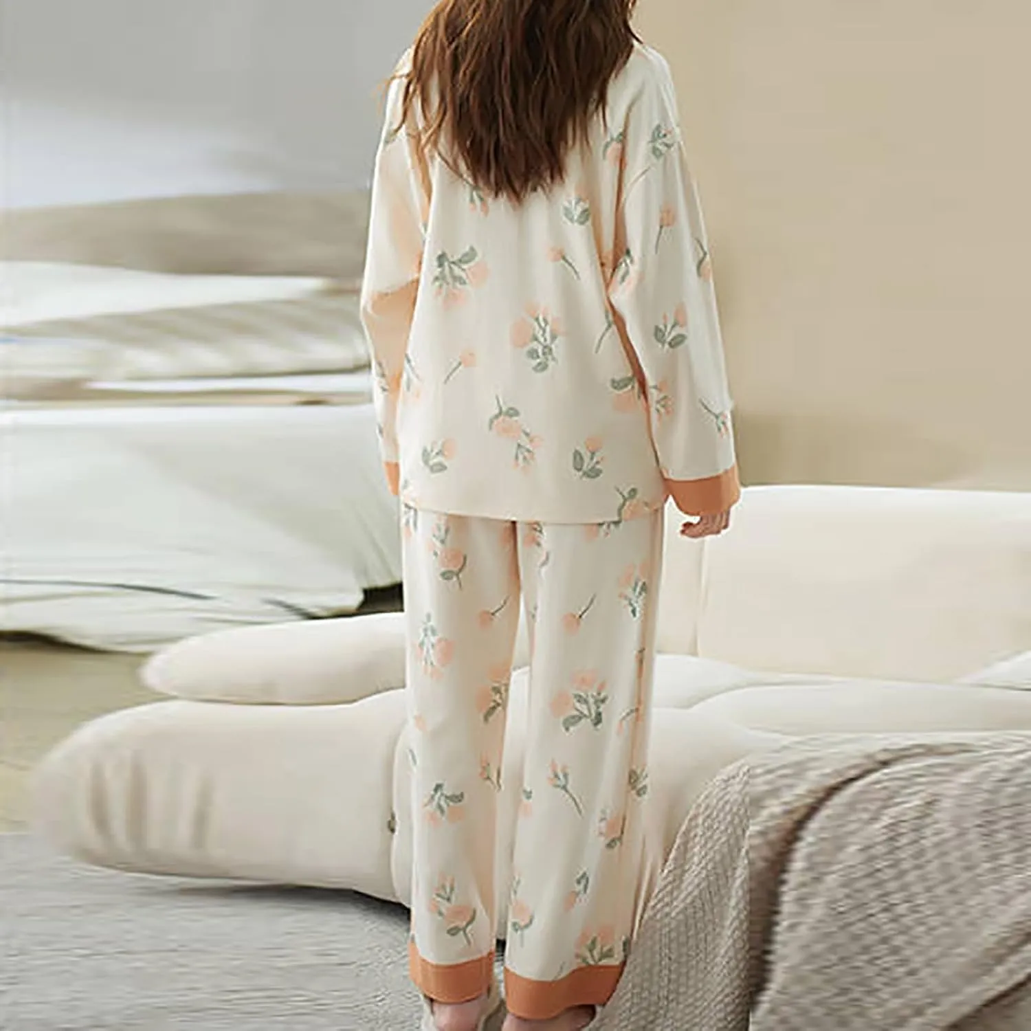 2 Piece Women's Cute Cotton Pajamas Set, Long Sleeve Button Down Casual Loungewear Pjs Built in Bra and Pants